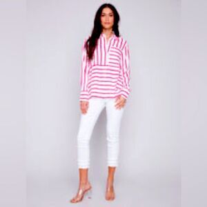 CHARLIE B Button-Down Rayon Linen Blend White Pink Shirt Size L  NWT